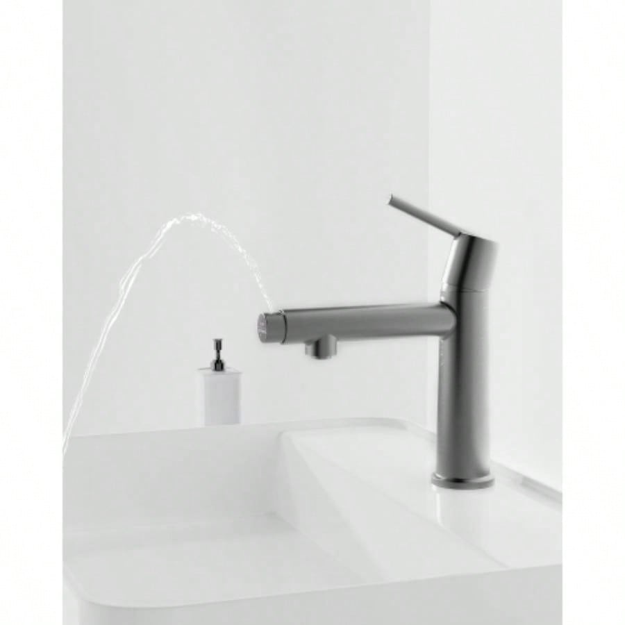 Gun Gray Single Handle Bathroom Faucet 1 or 3 Holes, Fountain and Flow Mode Two - in - one function, Deck Mount Laundry Vanity Sink Faucet with Two 9/16 Hoses
