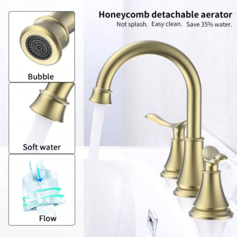 2 - Handle 8 inch Widespread Bathroom Sink Faucet Brushed Gold Lavatory Faucet 3 Hole 360 Swivel Spout Vanity Sink Basin Faucets 3007B - NA