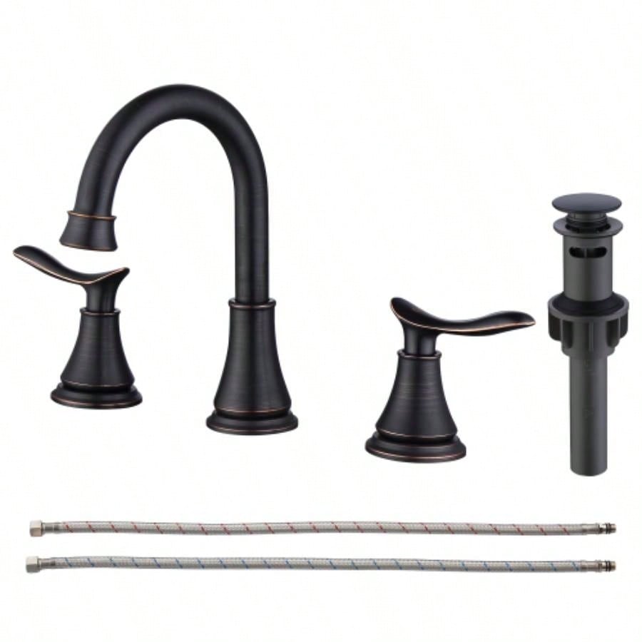 2 - Handle 8 inch Widespread Bathroom Sink Faucet Brushed Gold Lavatory Faucet 3 Hole 360 Swivel Spout Vanity Sink Basin Faucets 3007B - NA