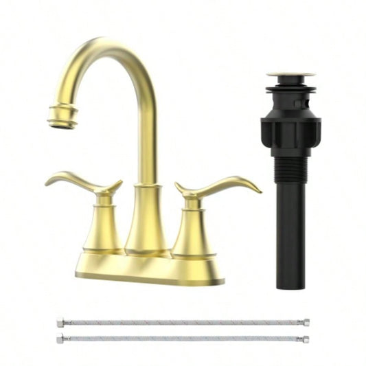 Bathroom Faucet Brushed Gold with - up Drain Supply Hoses 2 - Handle 360 Degree High Swivel Spout Centerset 4 Inch Vanity Sink Faucet