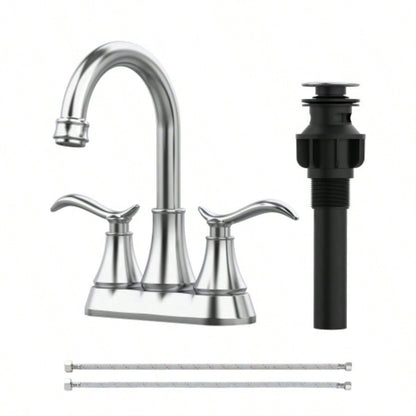 Bathroom Faucet Brushed Gold with - up Drain Supply Hoses 2 - Handle 360 Degree High Swivel Spout Centerset 4 Inch Vanity Sink Faucet