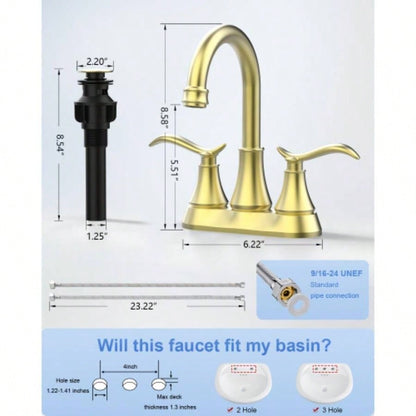 Bathroom Faucet Brushed Gold with - up Drain Supply Hoses 2 - Handle 360 Degree High Swivel Spout Centerset 4 Inch Vanity Sink Faucet