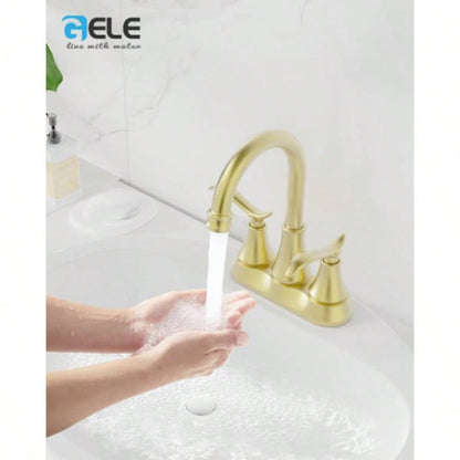 Bathroom Faucet Brushed Gold with - up Drain Supply Hoses 2 - Handle 360 Degree High Swivel Spout Centerset 4 Inch Vanity Sink Faucet