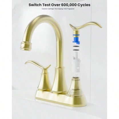 Bathroom Faucet Brushed Gold with - up Drain Supply Hoses 2 - Handle 360 Degree High Swivel Spout Centerset 4 Inch Vanity Sink Faucet