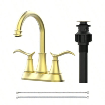 Bathroom Faucet Brushed Gold with - up Drain Supply Hoses 2 - Handle 360 Degree High Swivel Spout Centerset 4 Inch Vanity Sink Faucet