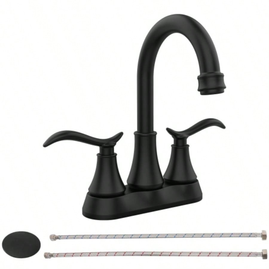 Bathroom Faucet Brushed Gold with - up Drain Supply Hoses 2 - Handle 360 Degree High Swivel Spout Centerset 4 Inch Vanity Sink Faucet