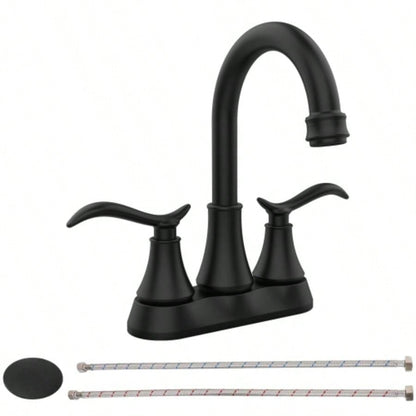 Bathroom Faucet Brushed Gold with - up Drain Supply Hoses 2 - Handle 360 Degree High Swivel Spout Centerset 4 Inch Vanity Sink Faucet