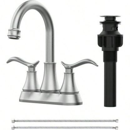 Bathroom Faucet Brushed Gold with - up Drain Supply Hoses 2 - Handle 360 Degree High Swivel Spout Centerset 4 Inch Vanity Sink Faucet