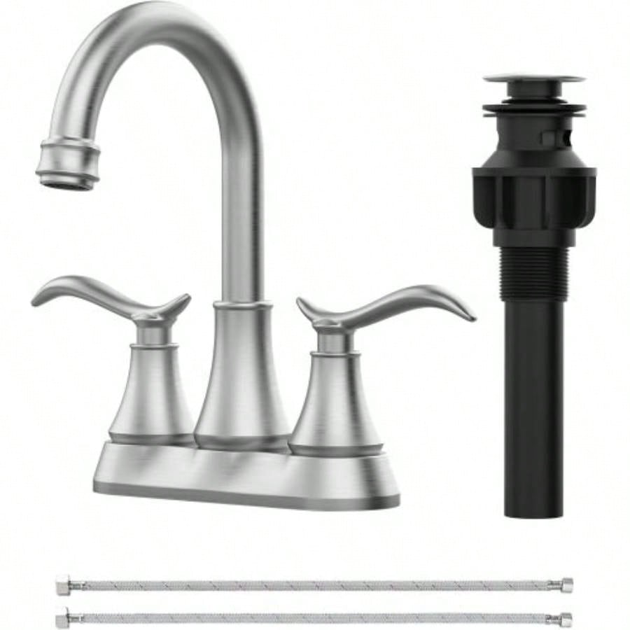 Bathroom Faucet Brushed Gold with - up Drain Supply Hoses 2 - Handle 360 Degree High Swivel Spout Centerset 4 Inch Vanity Sink Faucet