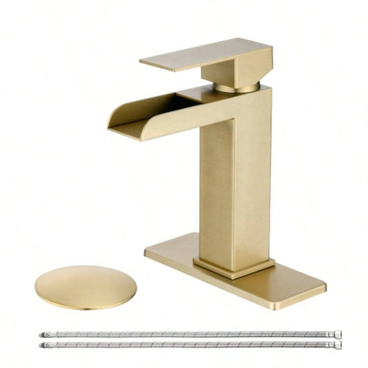 Waterfall Bathroom Faucet Brushed Gold Single Handle Bathroom Sink Faucets 1 or 3 Hole Solid Vanity Faucet with Deck Plate Overflow Up Drain Brushed Gold