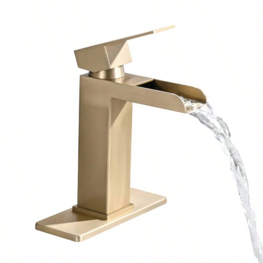 Waterfall Bathroom Faucet Brushed Gold Single Handle Bathroom Sink Faucets 1 or 3 Hole Solid Vanity Faucet with Deck Plate Overflow Up Drain Brushed Gold