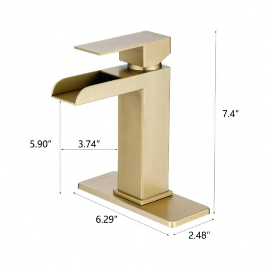 Waterfall Bathroom Faucet Brushed Gold Single Handle Bathroom Sink Faucets 1 or 3 Hole Solid Vanity Faucet with Deck Plate Overflow Up Drain Brushed Gold