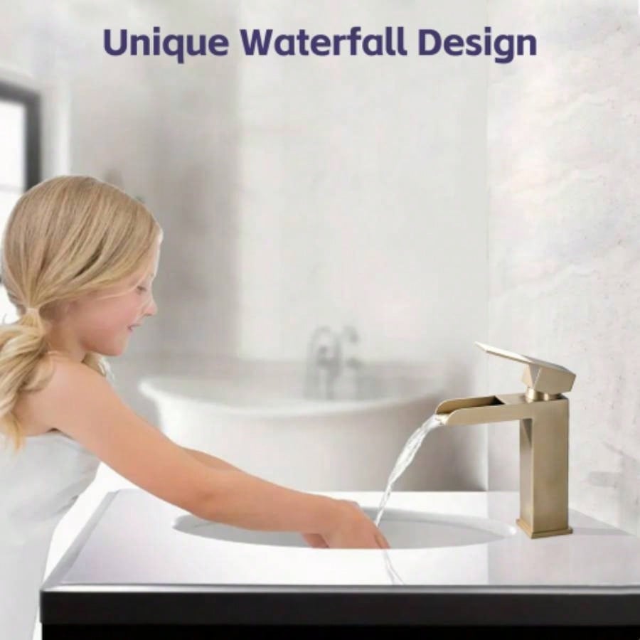Waterfall Bathroom Faucet Brushed Gold Single Handle Bathroom Sink Faucets 1 or 3 Hole Solid Vanity Faucet with Deck Plate Overflow Up Drain Brushed Gold