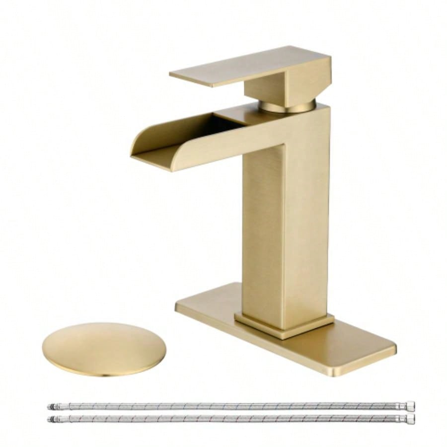 Waterfall Bathroom Faucet Brushed Gold Single Handle Bathroom Sink Faucets 1 or 3 Hole Solid Vanity Faucet with Deck Plate Overflow Up Drain Brushed Gold