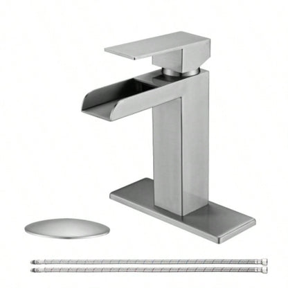 Waterfall Bathroom Faucet Brushed Gold Single Handle Bathroom Sink Faucets 1 or 3 Hole Solid Vanity Faucet with Deck Plate Overflow Up Drain Brushed Gold