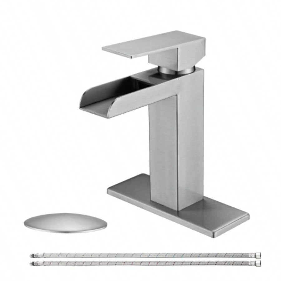 Waterfall Bathroom Faucet Brushed Gold Single Handle Bathroom Sink Faucets 1 or 3 Hole Solid Vanity Faucet with Deck Plate Overflow Up Drain Brushed Gold