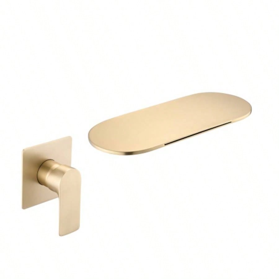 Wall Mount Bathtub Faucet Brushed Gold Single Handle Modern Bathroom Sink Faucet with Rough in High Flow Filler Waterfall Tub Spout