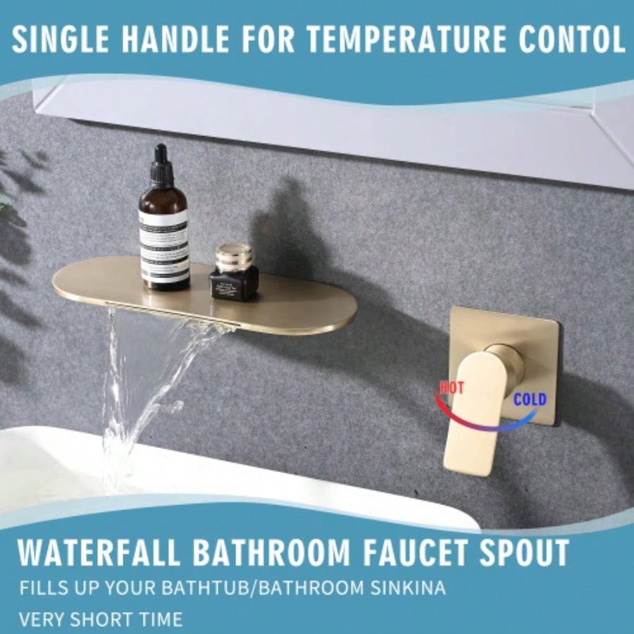 Wall Mount Bathtub Faucet Brushed Gold Single Handle Modern Bathroom Sink Faucet with Rough in High Flow Filler Waterfall Tub Spout
