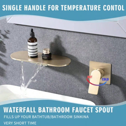 Wall Mount Bathtub Faucet Brushed Gold Single Handle Modern Bathroom Sink Faucet with Rough in High Flow Filler Waterfall Tub Spout