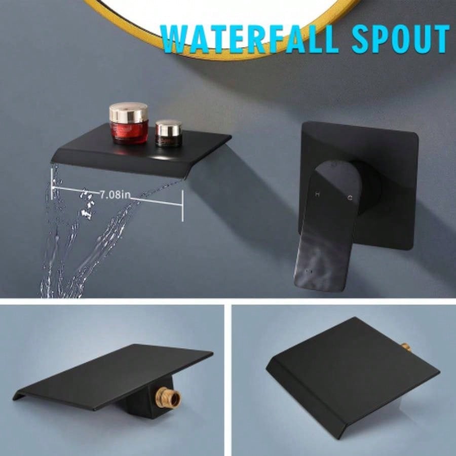 Wall Mount Bathtub Faucet Matte Black Single Handle Modern Bathroom Sink Faucet with Rough in High Flow Filler Waterfall Tub Spout