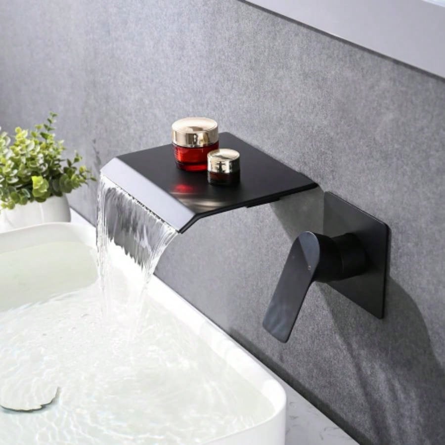 Wall Mount Bathtub Faucet Matte Black Single Handle Modern Bathroom Sink Faucet with Rough in High Flow Filler Waterfall Tub Spout