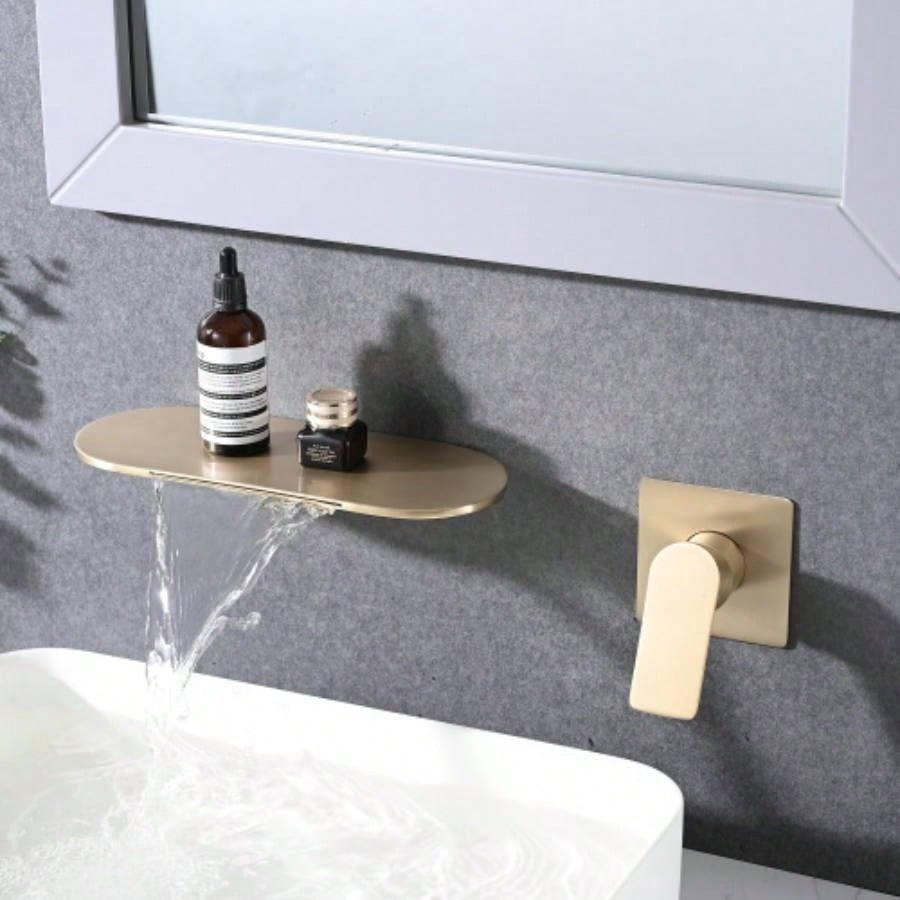 Wall Mount Bathtub Faucet Brushed Gold Single Handle Modern Bathroom Sink Faucet with Rough in High Flow Filler Waterfall Tub Spout