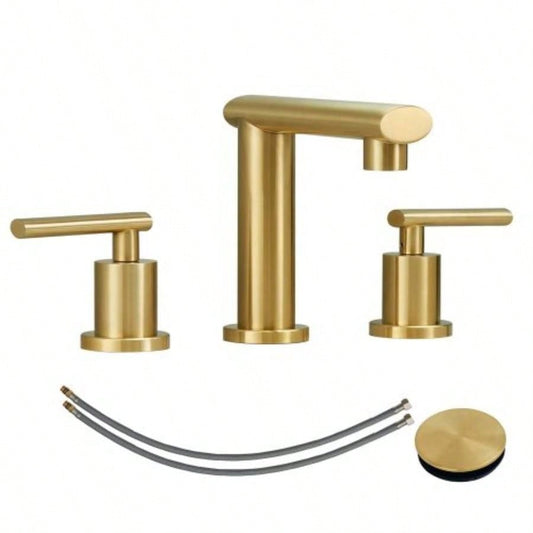 Brushed Gold 3 - Hole Low - Arch 8 Inch Widespread Bathroom Faucet, Vanity Sink Faucet with Metal Up Drain Assembly and Supply Lines Lavatory