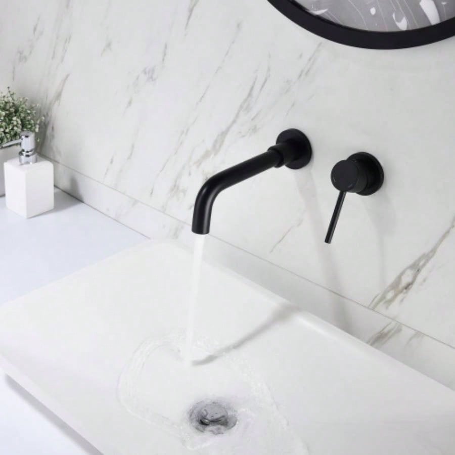 Wall Mount Single Handle Bathroom Sink Faucet, Curved Spout Design, Matte Black, Easy Installation