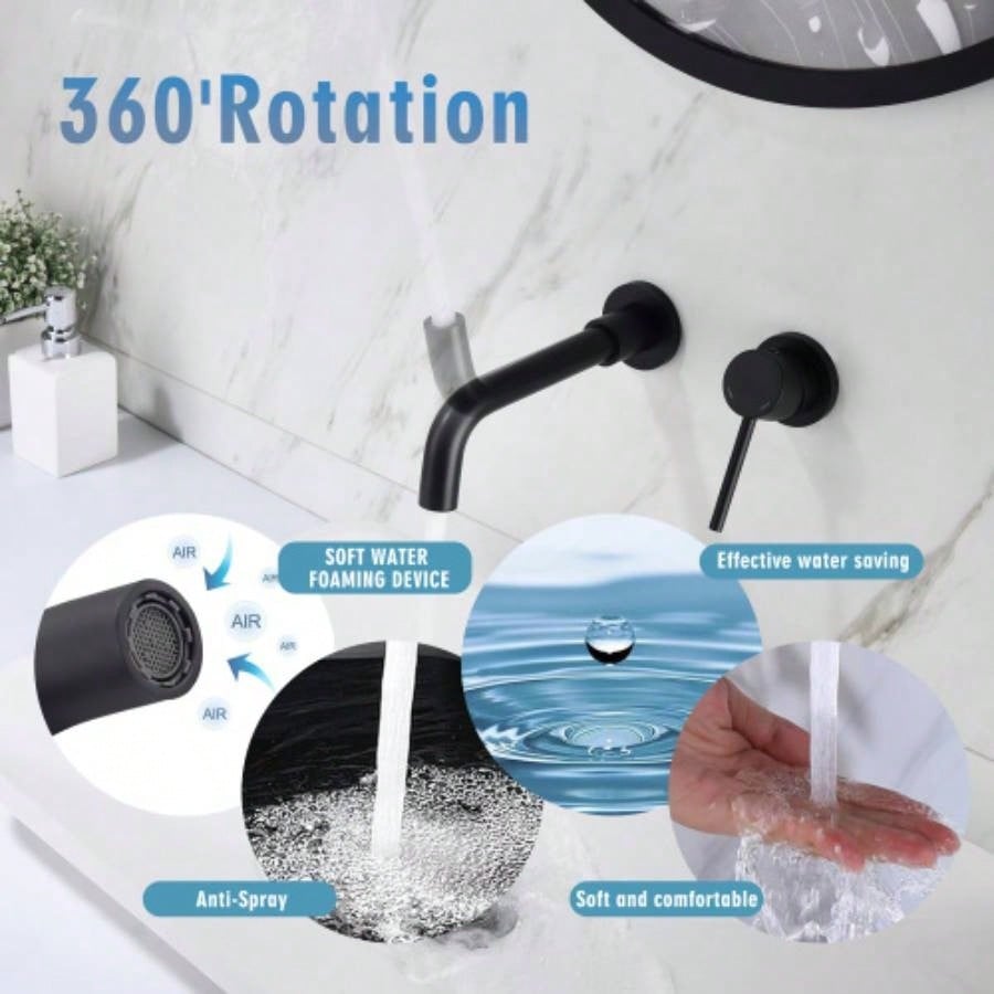 Wall Mount Single Handle Bathroom Sink Faucet, Curved Spout Design, Matte Black, Easy Installation