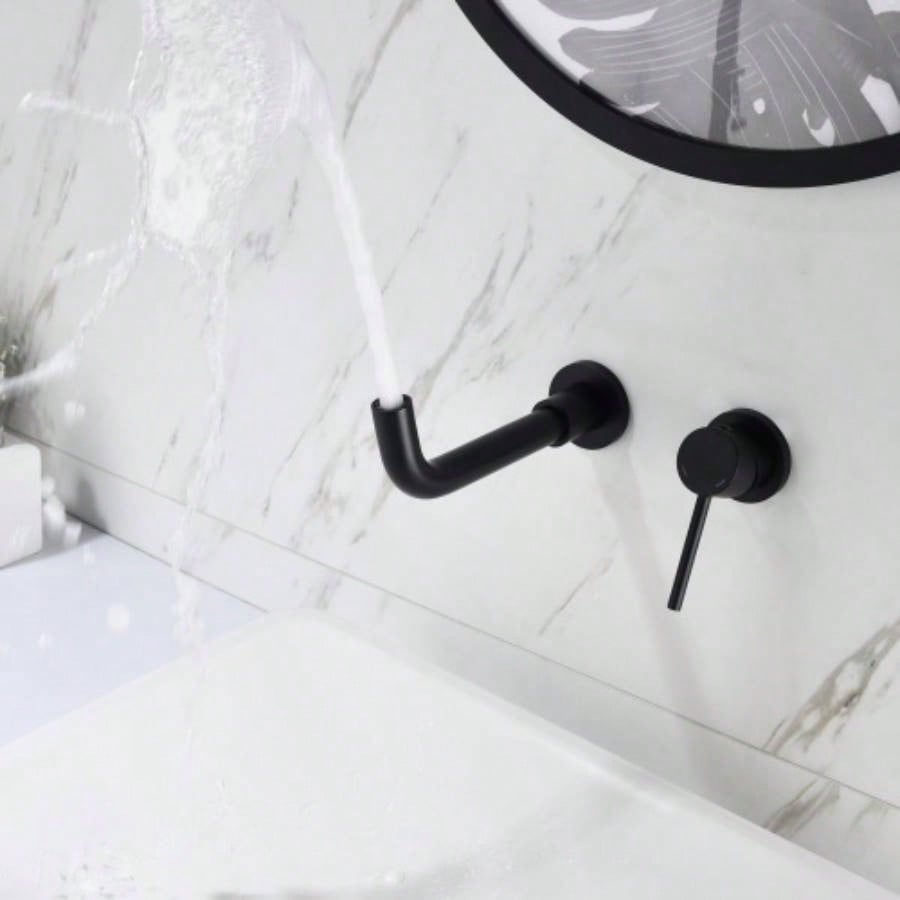 Wall Mount Single Handle Bathroom Sink Faucet, Curved Spout Design, Matte Black, Easy Installation