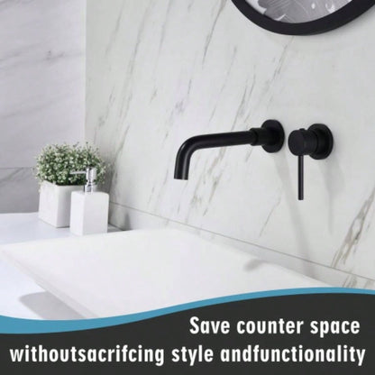 Wall Mount Single Handle Bathroom Sink Faucet, Curved Spout Design, Matte Black, Easy Installation