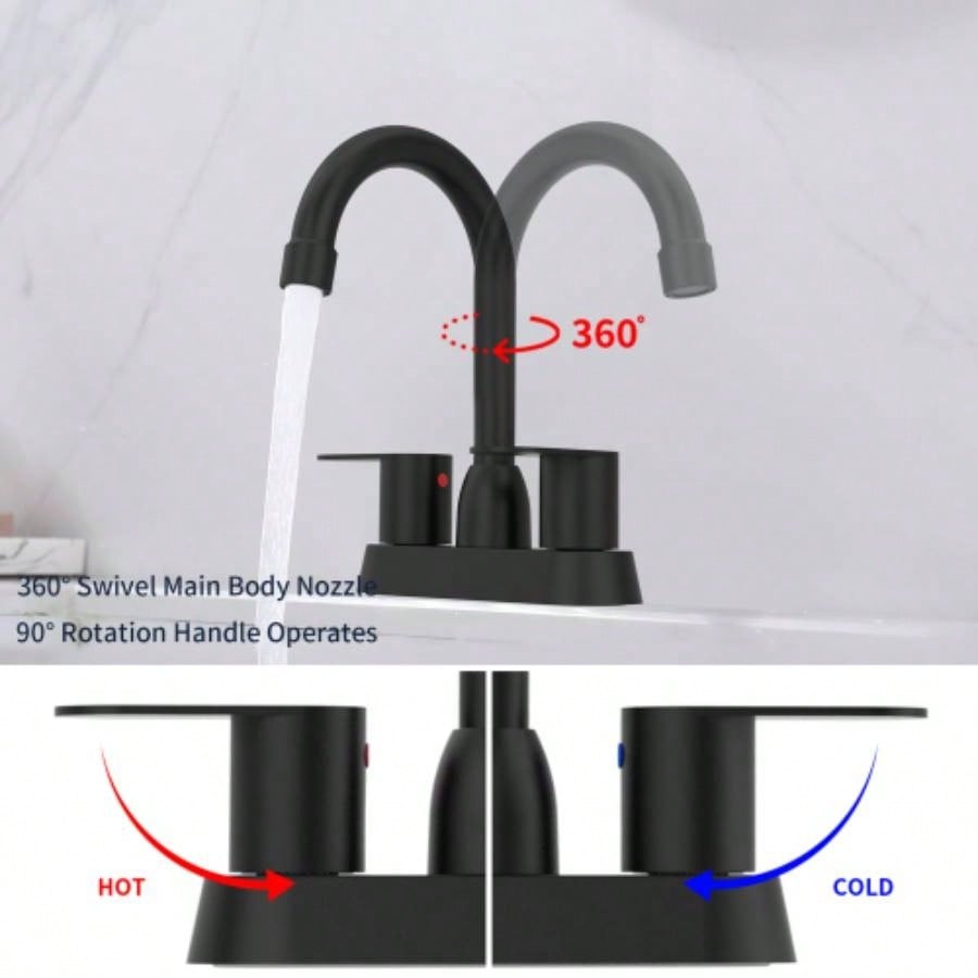 Bathroom Faucet Matte Black 2 - Handle Bathroom Sink Faucet 360 Degree High Swivel Spout Centerset 4 Inch Vanity Faucet RV Bathroom Faucet 2/3 Holes Lavatory Faucet