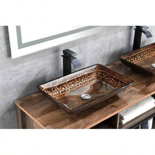 22 L - 14 - 4 H Handmade Glass Rectangle Vessel Bathroom Sink in Brown and Gold with Faucet and - Up Drain in Matte Black