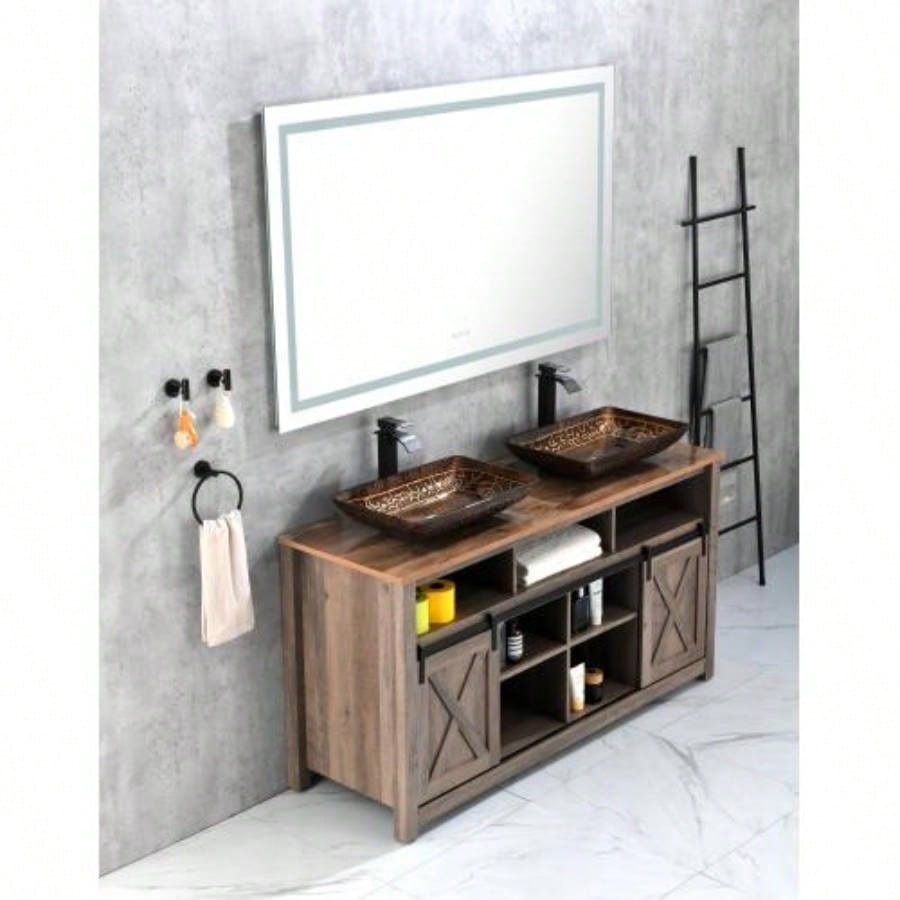 22 L - 14 - 4 H Handmade Glass Rectangle Vessel Bathroom Sink in Brown and Gold with Faucet and - Up Drain in Matte Black