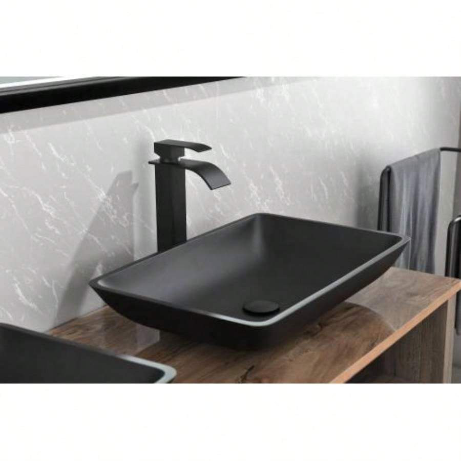 22 L - 14 - 4 H Handmade Glass Rectangle Vessel Bathroom Sink in Brown and Gold with Faucet and - Up Drain in Matte Black