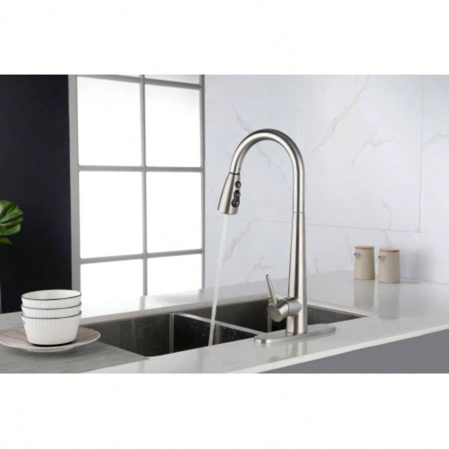 Kitchen Faucet with Pull Down Sprayer Brushed Nickel, High Single Handle Kitchen Sink Faucet with Deck Plate, Commercial Modern Stainless Steel Kitchen Faucets