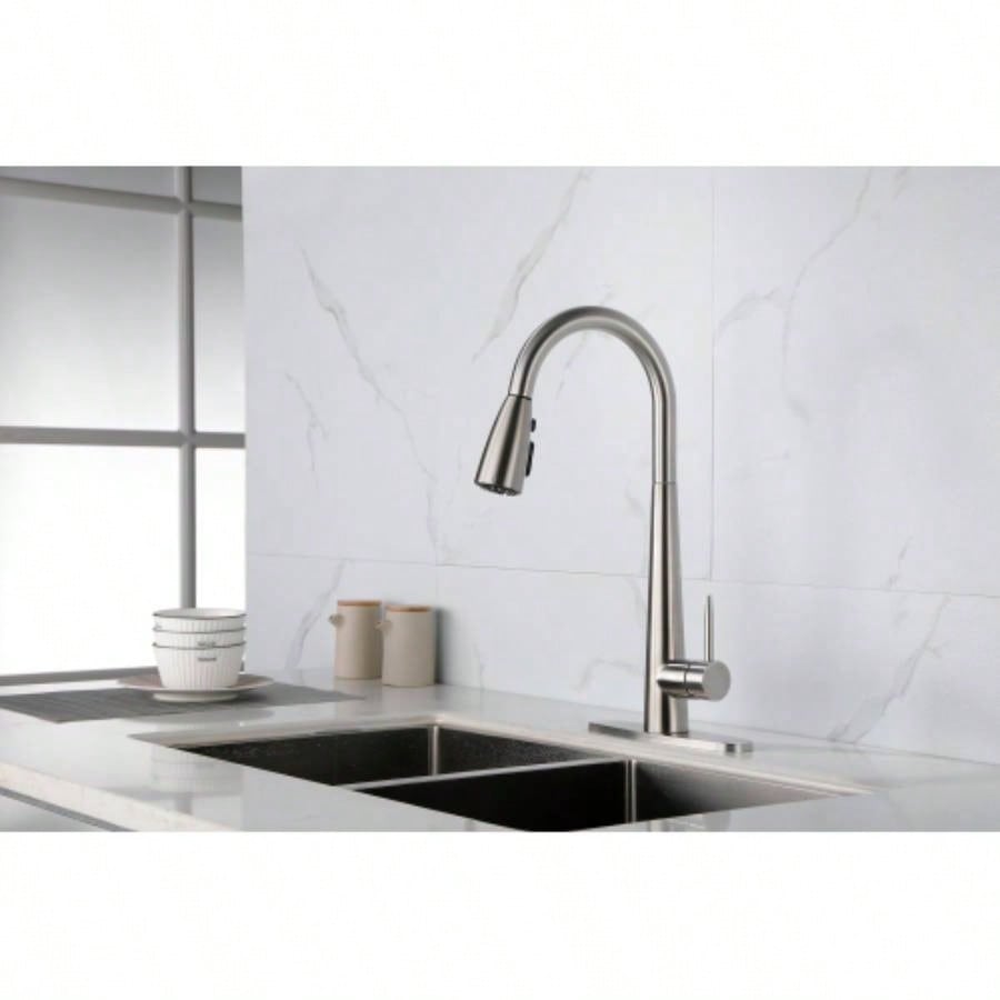 Kitchen Faucet with Pull Down Sprayer Brushed Nickel, High Single Handle Kitchen Sink Faucet with Deck Plate, Commercial Modern Stainless Steel Kitchen Faucets