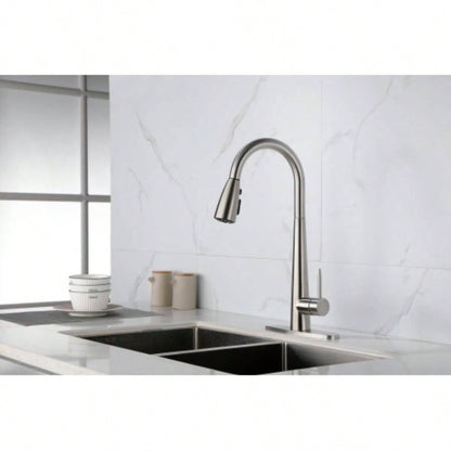 Kitchen Faucet with Pull Down Sprayer Brushed Nickel, High Single Handle Kitchen Sink Faucet with Deck Plate, Commercial Modern Stainless Steel Kitchen Faucets