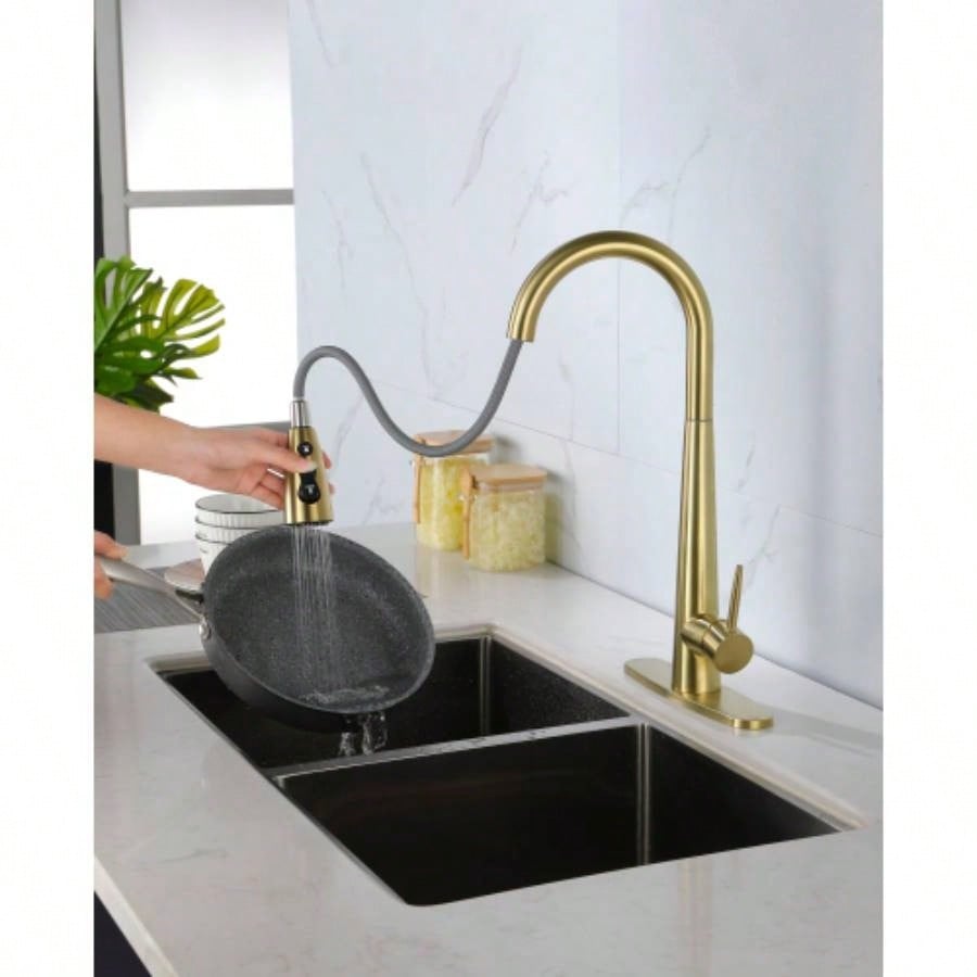 Kitchen Faucet with Pull Down Sprayer Brushed Nickel, High Single Handle Kitchen Sink Faucet with Deck Plate, Commercial Modern Stainless Steel Kitchen Faucets