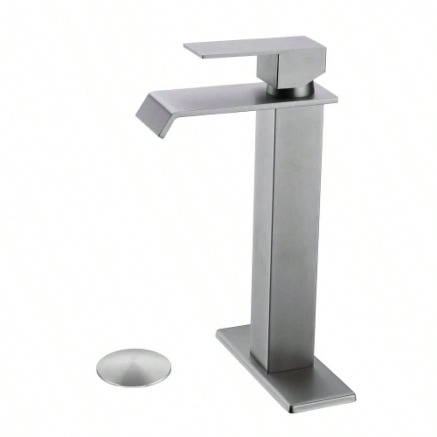 Waterfall Spout Bathroom Sink Single Handle Faucet with - Up Drain No Overflow