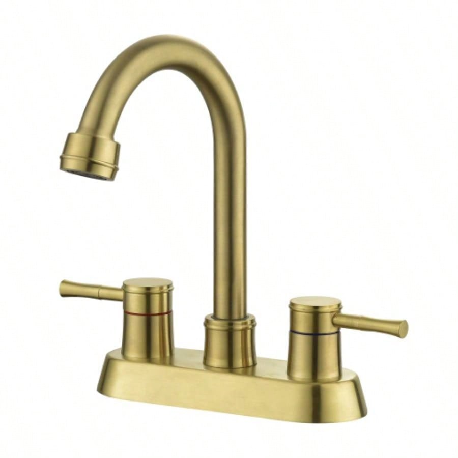 Brushed Gold 4 Inch 2 Handle Centerset Lead - Bathroom Faucet, Swivel Spout with Copper Up Drain and 2 Supply Lines