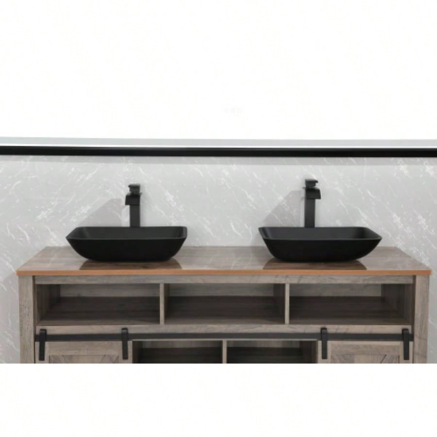 22.25 L - 14.5 - 4 4 - 3/8 in. H Golden Handmade Glass Rectangle Vessel Bathroom Sink in Brown and Gold with Faucet and - Up Drain in Matte Black
