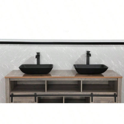 22.25 L - 14.5 - 4 4 - 3/8 in. H Golden Handmade Glass Rectangle Vessel Bathroom Sink in Brown and Gold with Faucet and - Up Drain in Matte Black