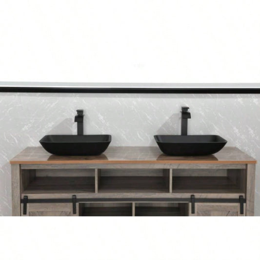 22.25 L - 14.5 - 4 4 - 3/8 in. H Golden Handmade Glass Rectangle Vessel Bathroom Sink in Brown and Gold with Faucet and - Up Drain in Matte Black