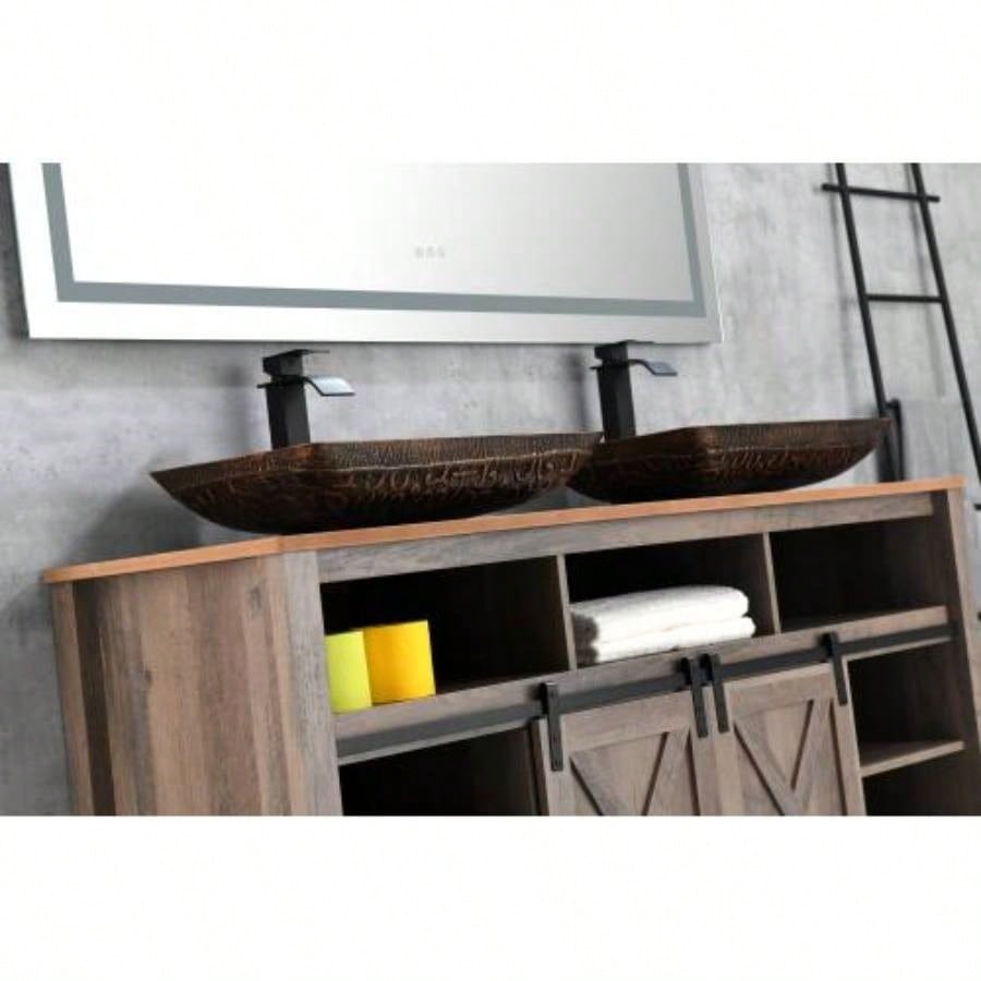 22.25 L - 14.5 - 4 4 - 3/8 in. H Golden Handmade Glass Rectangle Vessel Bathroom Sink in Brown and Gold with Faucet and - Up Drain in Matte Black