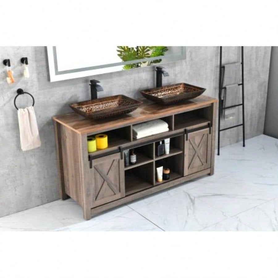 22.25 L - 14.5 - 4 4 - 3/8 in. H Golden Handmade Glass Rectangle Vessel Bathroom Sink in Brown and Gold with Faucet and - Up Drain in Matte Black