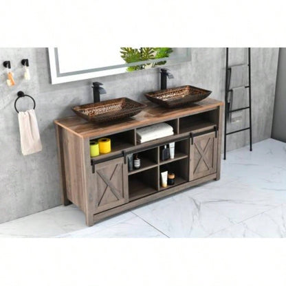 22.25 L - 14.5 - 4 4 - 3/8 in. H Golden Handmade Glass Rectangle Vessel Bathroom Sink in Brown and Gold with Faucet and - Up Drain in Matte Black