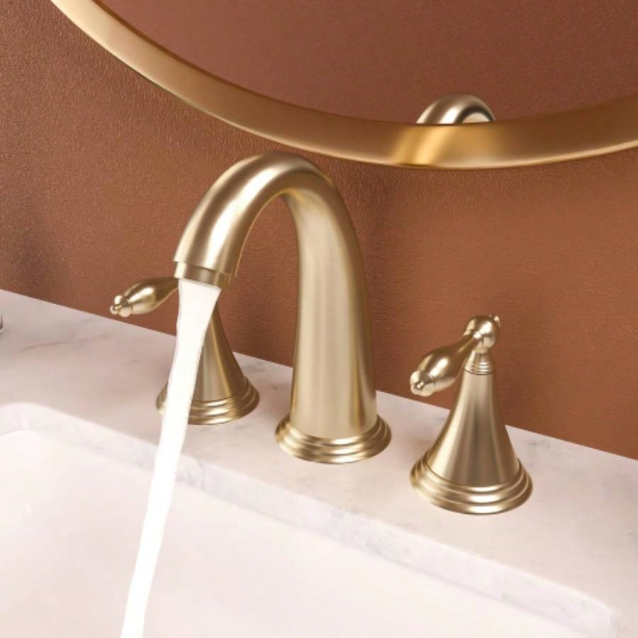 2 Handle Widespread Bathroom Faucet 3 Hole, with Up Drain and 2 Supply Lines, Gold