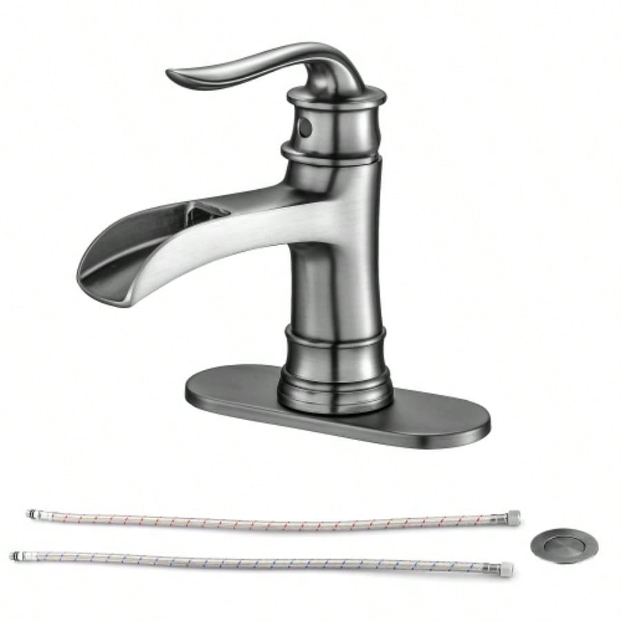 Waterfall Spout Bathroom Faucet, Single Handle Single Hole with Up Drain, Brushed Nickel