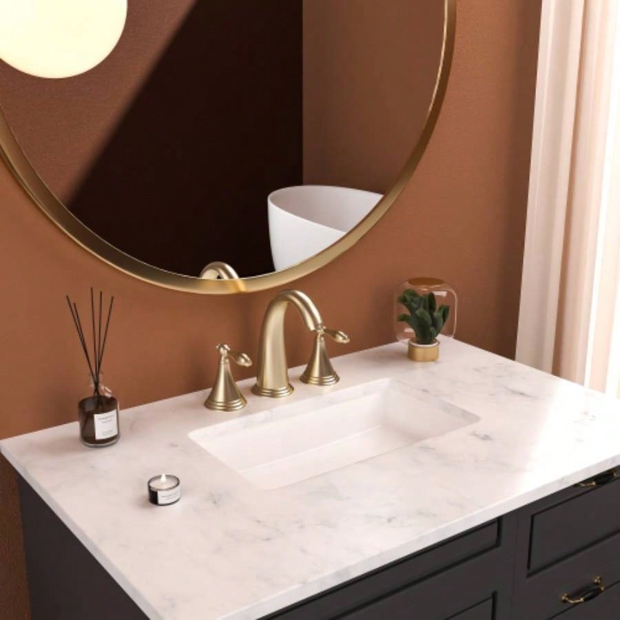 2 Handle Widespread Bathroom Faucet 3 Hole, with Up Drain and 2 Supply Lines, Gold